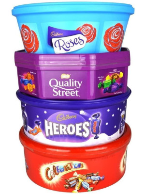 Christmas Chocolate Tubs - 4 PACK - Roses, Heroes, Quality Street AND Celebrations