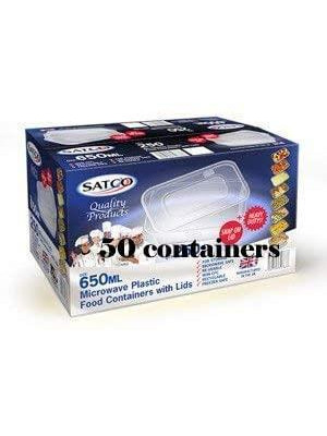 50 Microwave Plastic Food Takeaway Heavy Duty Satco Containers with Lids 500ml 650ml 750ml 1000ml Classic Disposables (650ml)